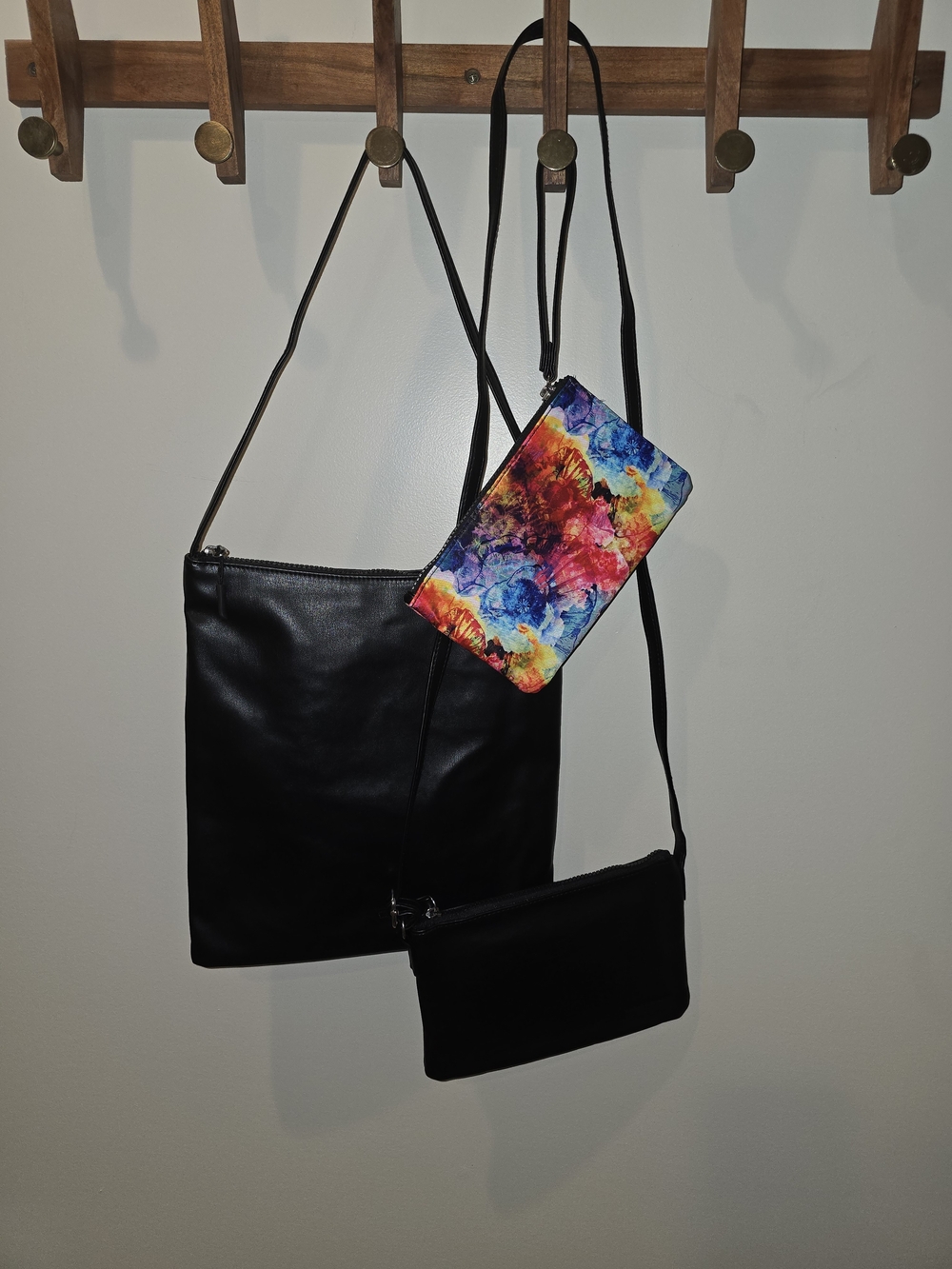 Tahari Black Leather Crossbody with Multicolor Floral Zip Pouch